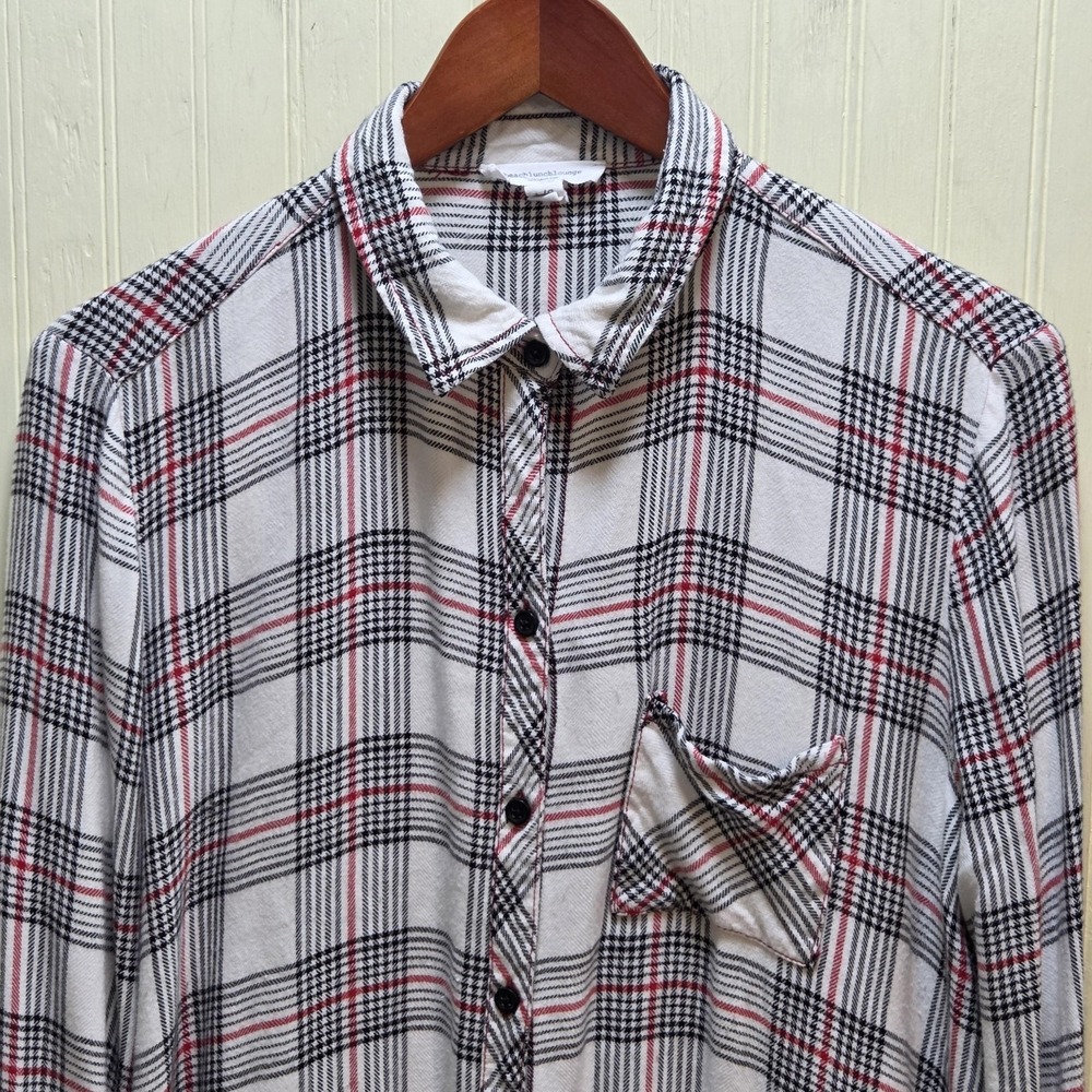 Beachlunchlounge Button Up Shirt Womens L White Collared Long Sleeve Plaid Tunic